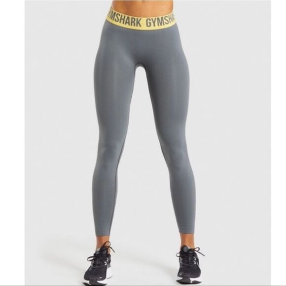Gymshark Fit Seamless Charcoal Grey w Yellow Waistband Leggings S Small - Picture 1 of 12